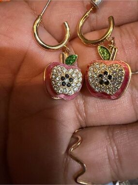 Gold-Tone Pink Apple Drop Earrings with Crystal Accents